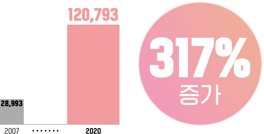 2007년 28,993건에서 2020년 120,793건으로 317% 증가