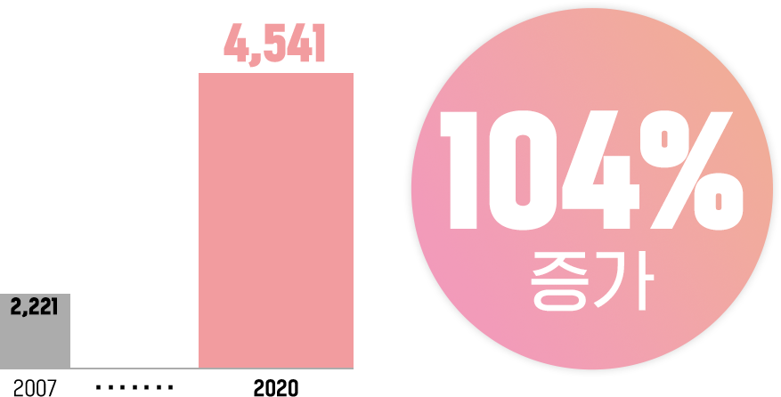 2007년 2,221개에서 2020년 4,541개로 104% 증가